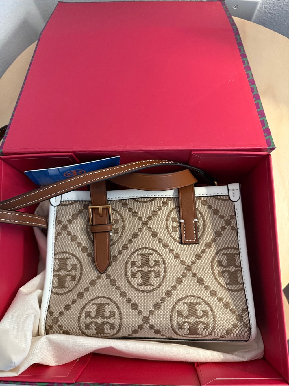 Tory Burch Beige Monogram Canvas Tote with Brown Leather Trim - Picture 2 of 6